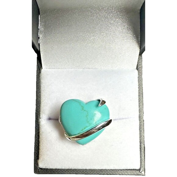 Vintage Mexican Sterling Silver Turquoise Heart Ring | Size 7 - Picture 4 of 5